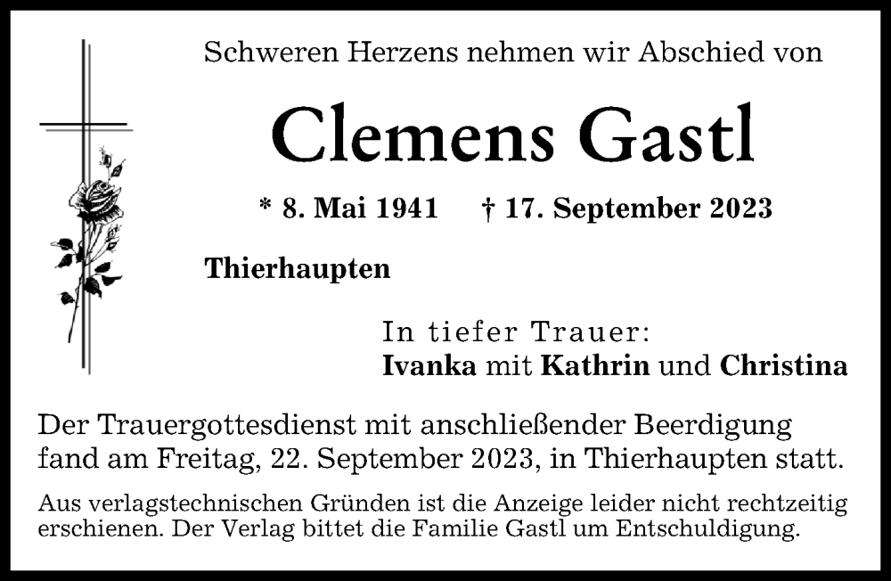  Traueranzeige für Clemens Gastl vom 23.09.2023 aus Augsburg-Land