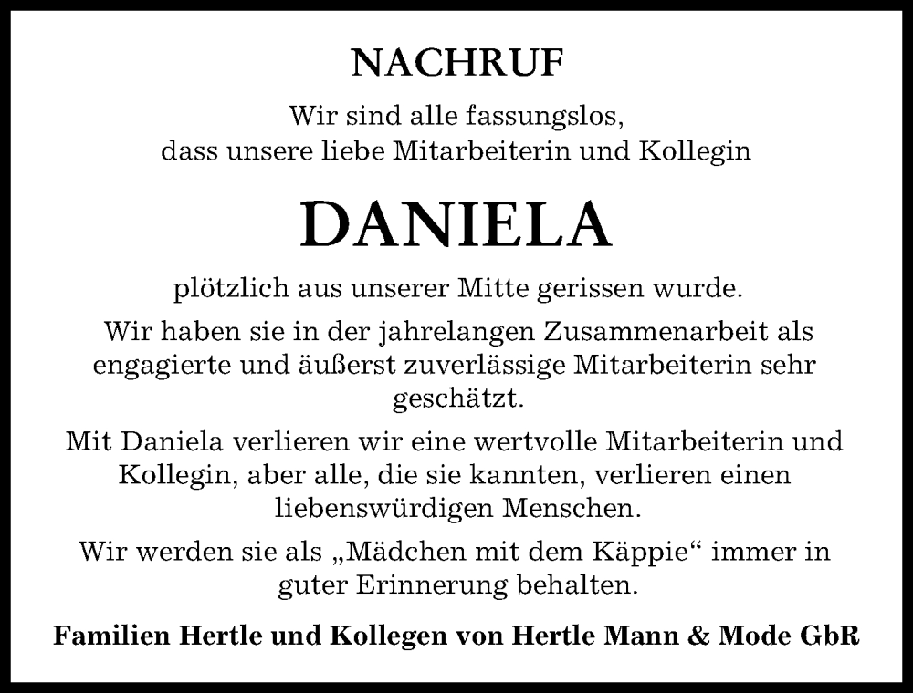 Traueranzeige von Daniela  von Donau Zeitung