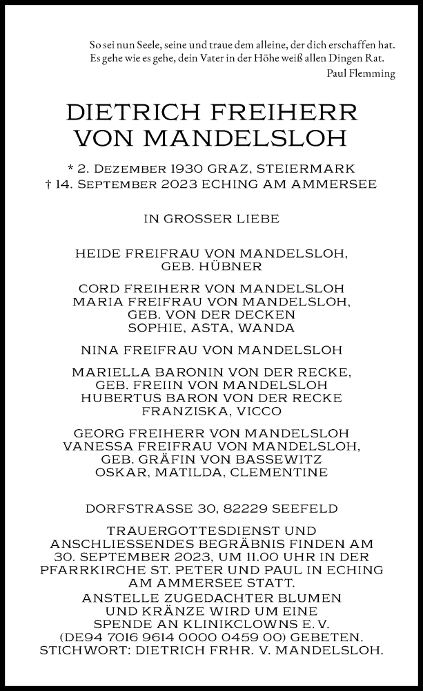  Traueranzeige für Dietrich Freiherr von Mandelsloh vom 23.09.2023 aus Landsberger Tagblatt