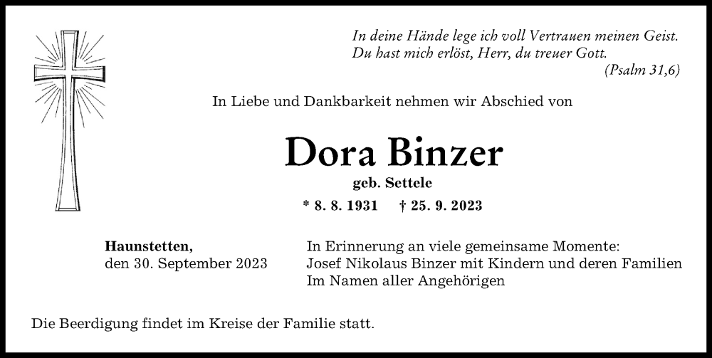  Traueranzeige für Dora Binzer vom 30.09.2023 aus Augsburger Allgemeine