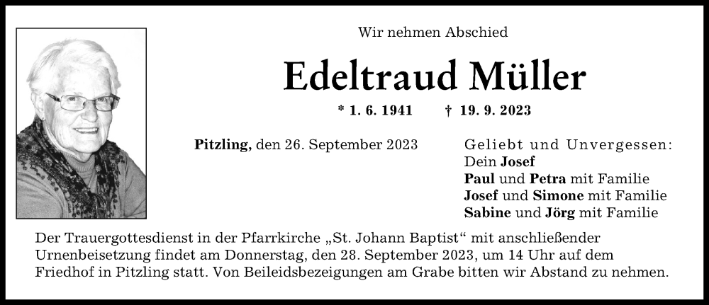 Traueranzeige für Edeltraud Müller vom 26.09.2023 aus Landsberger Tagblatt
