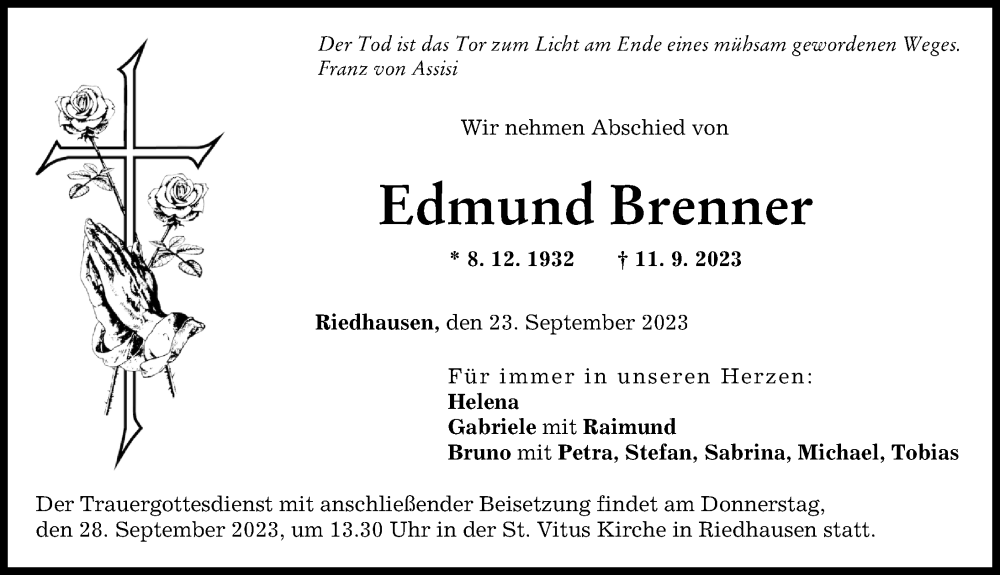  Traueranzeige für Edmund Brenner vom 23.09.2023 aus Günzburger Zeitung