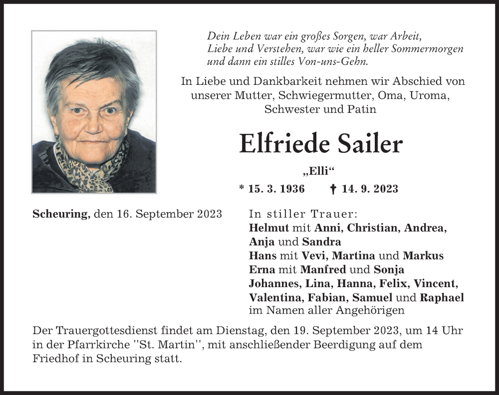  Traueranzeige für Elfriede Sailer vom 16.09.2023 aus Landsberger Tagblatt