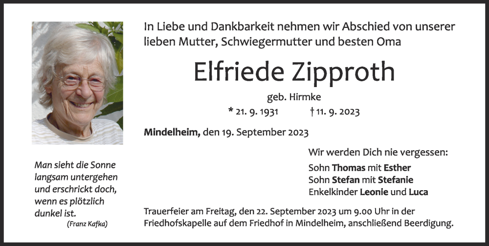 Traueranzeige von Elfriede Zipproth von Mindelheimer Zeitung