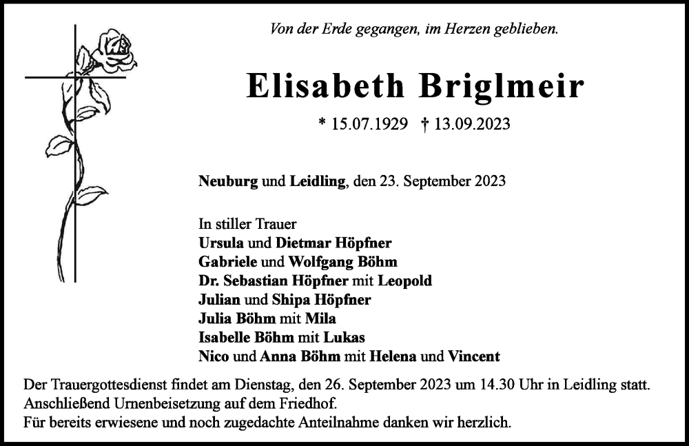  Traueranzeige für Elisabeth Briglmeir vom 23.09.2023 aus Neuburger Rundschau