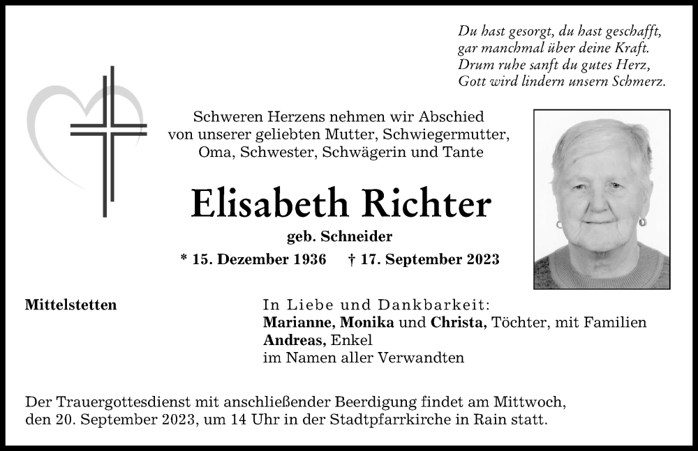  Traueranzeige für Elisabeth Richter vom 19.09.2023 aus Donauwörther Zeitung