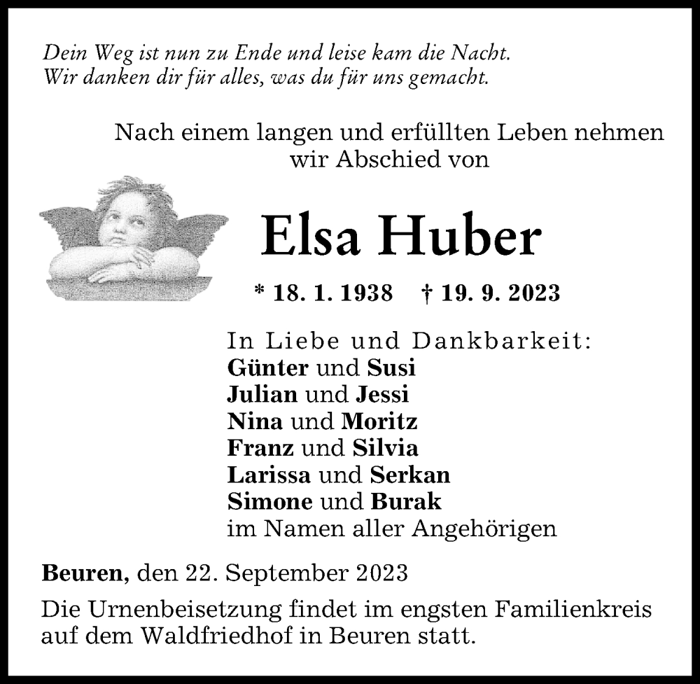 Traueranzeige von Elsa Huber von Neu-Ulmer Zeitung