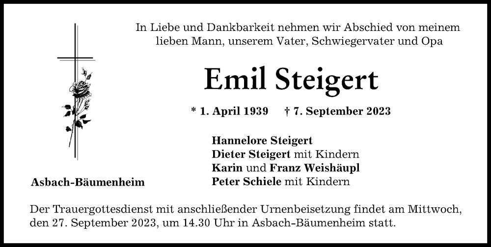  Traueranzeige für Emil Steigert vom 23.09.2023 aus Donauwörther Zeitung
