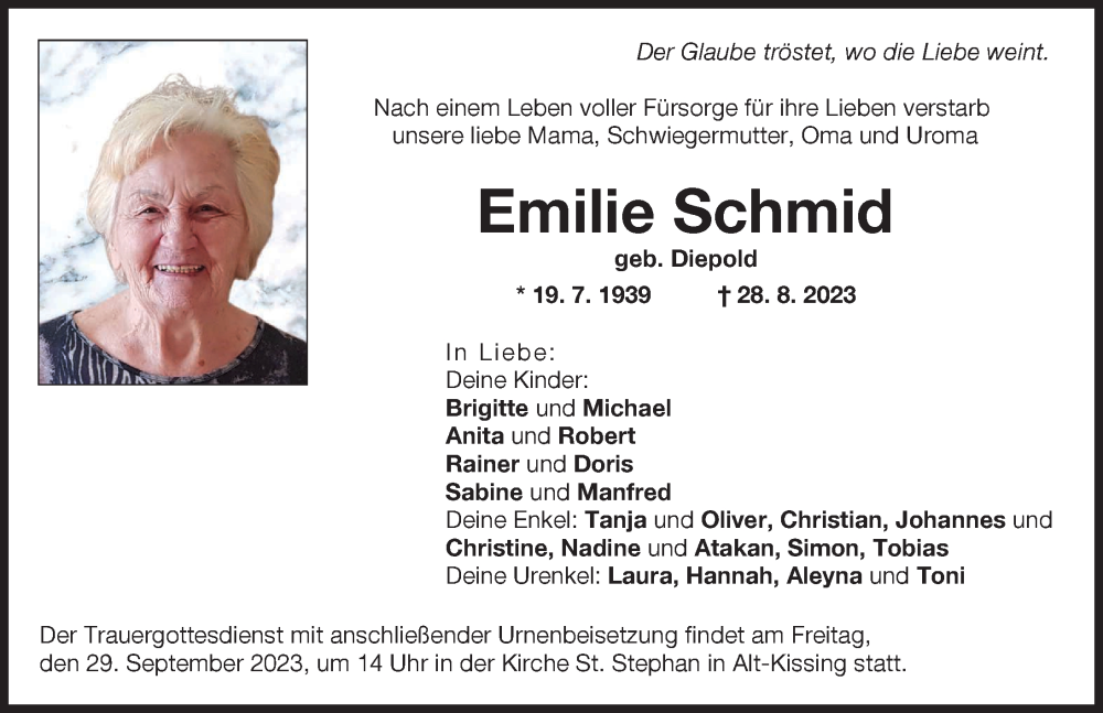  Traueranzeige für Emilie Schmid vom 23.09.2023 aus Friedberger Allgemeine
