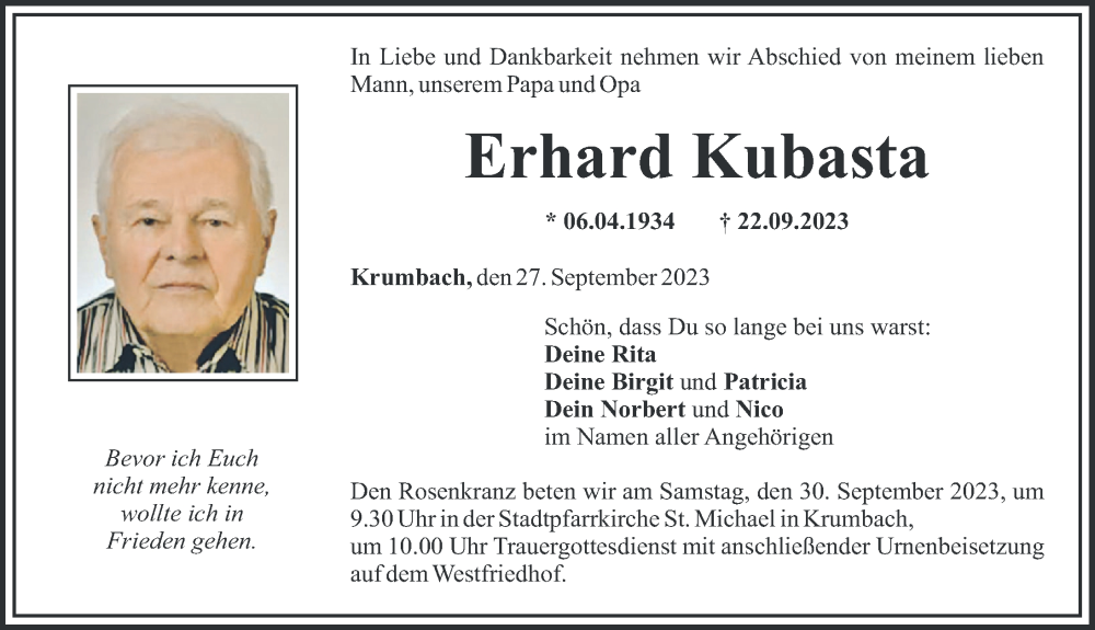  Traueranzeige für Erhard Kubasta vom 27.09.2023 aus Mittelschwäbische Nachrichten