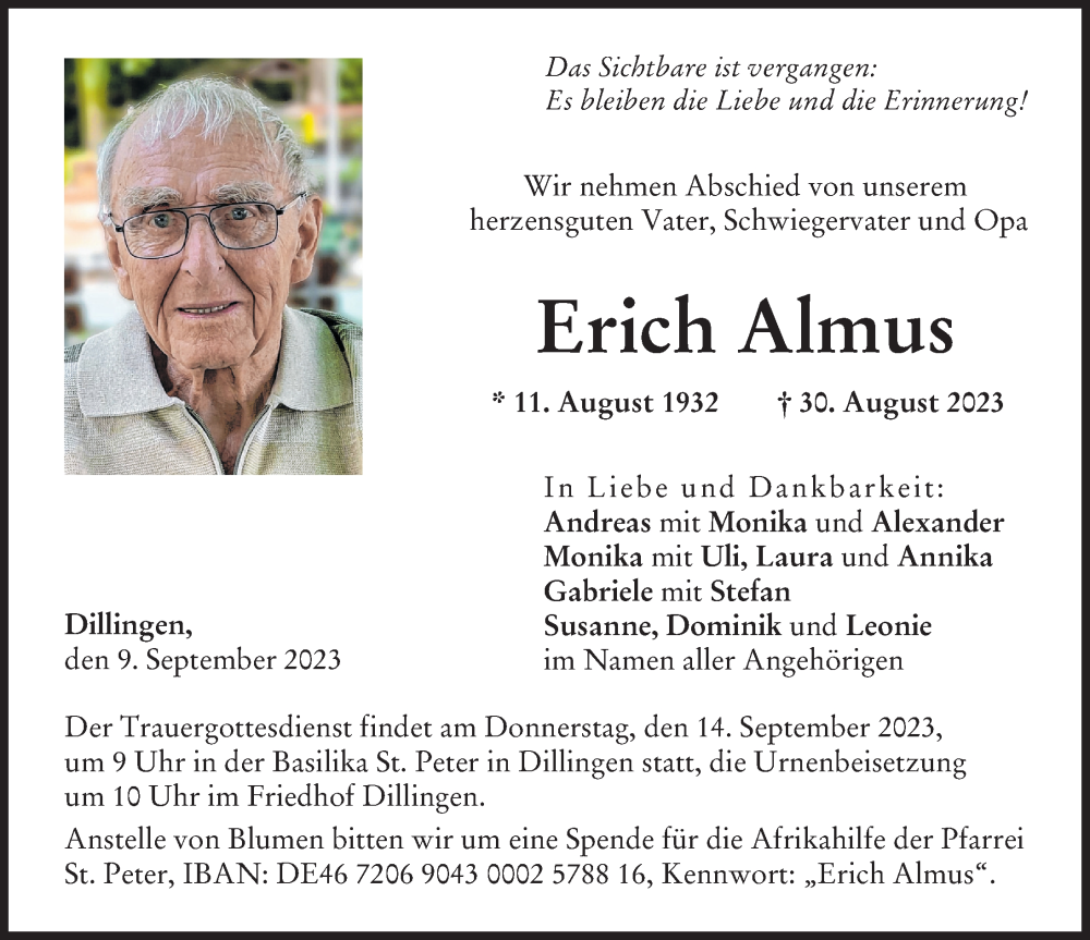 Traueranzeige von Erich Almus von Donau Zeitung