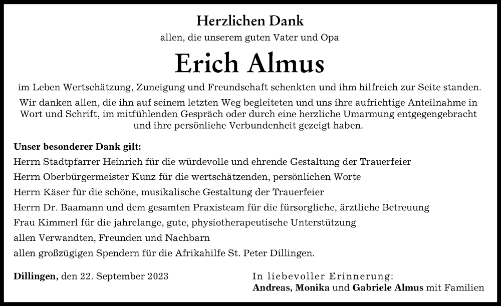 Traueranzeige von Erich Almus von Donau Zeitung