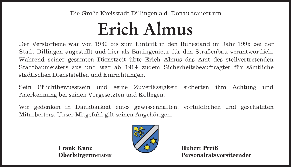 Traueranzeige von Erich Almus von Donau Zeitung