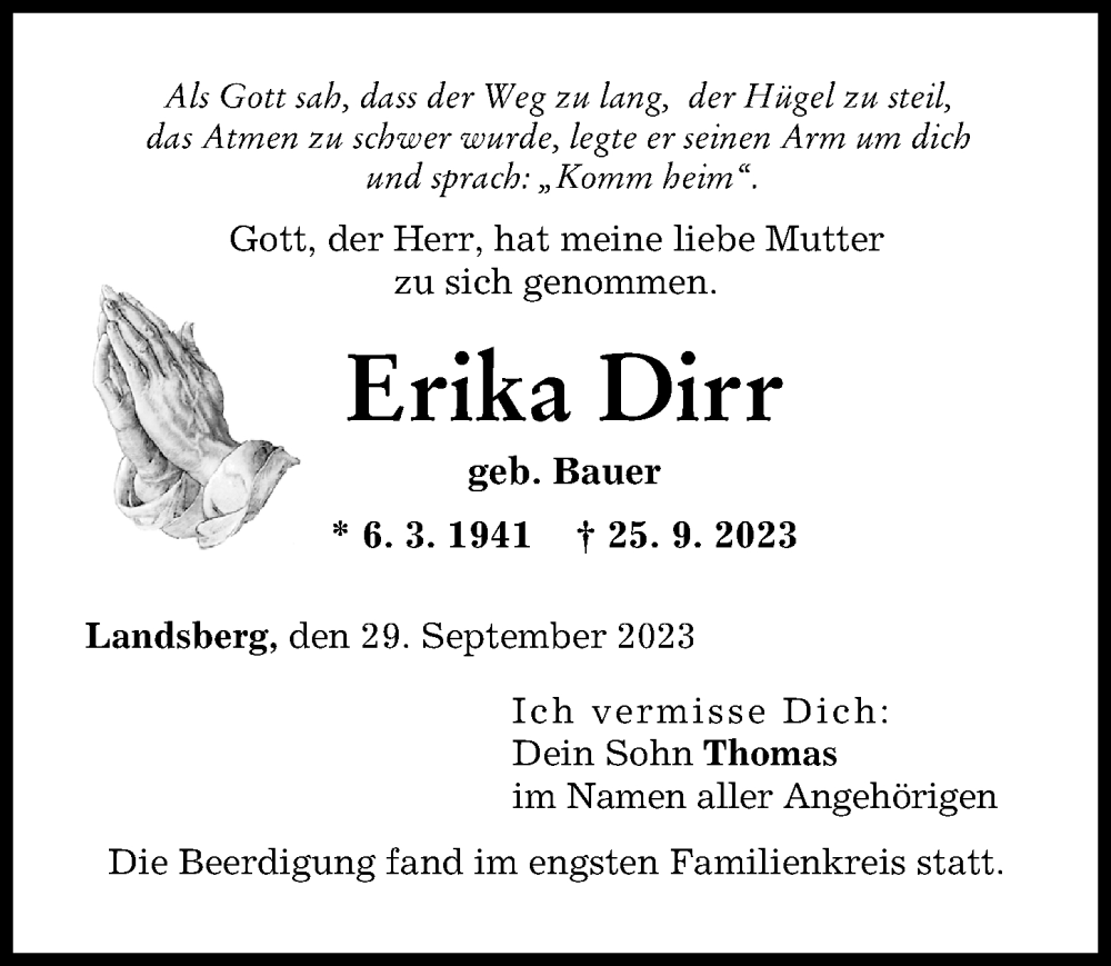 Traueranzeige für Erika Dirr vom 29.09.2023 aus Landsberger Tagblatt