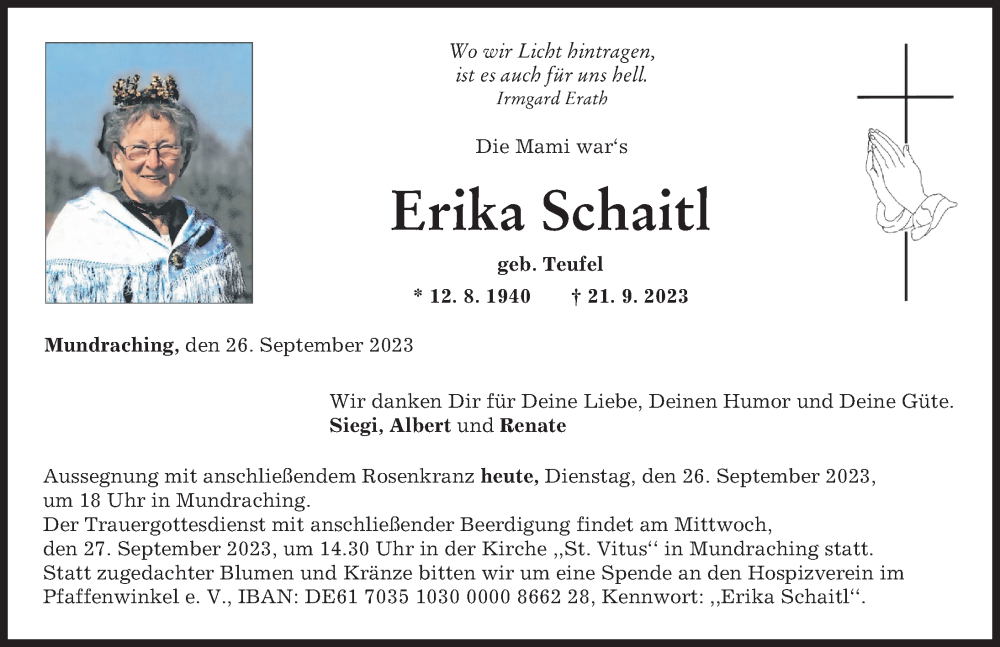  Traueranzeige für Erika Schaitl vom 26.09.2023 aus Landsberger Tagblatt