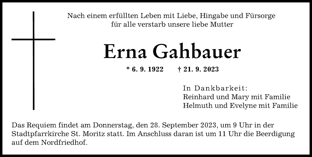  Traueranzeige für Erna Gahbauer vom 23.09.2023 aus Augsburger Allgemeine