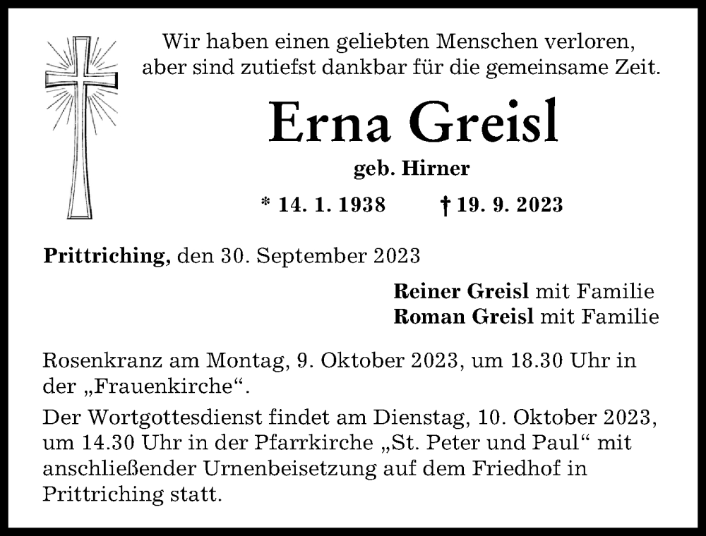  Traueranzeige für Erna Greisl vom 30.09.2023 aus Landsberger Tagblatt