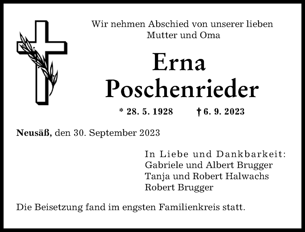  Traueranzeige für Erna Poschenrieder vom 30.09.2023 aus Augsburger Allgemeine