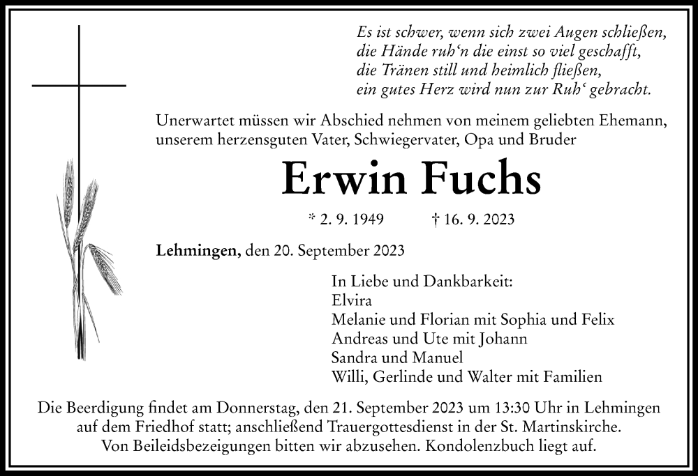 Traueranzeigen Von Erwin Fuchs Augsburger Allgemeine Zeitung