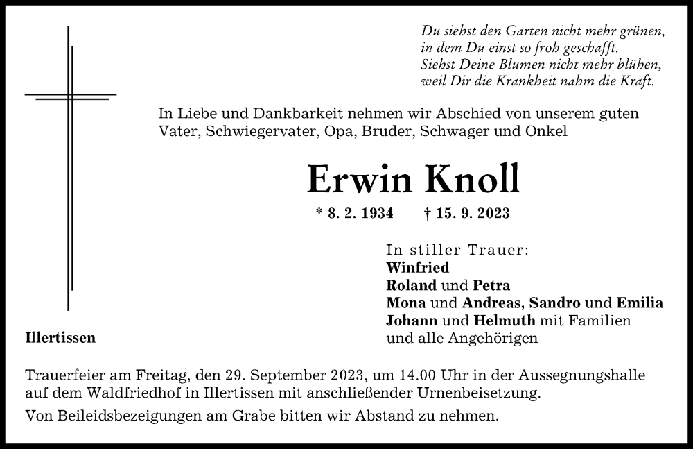  Traueranzeige für Erwin Knoll vom 26.09.2023 aus Illertisser Zeitung