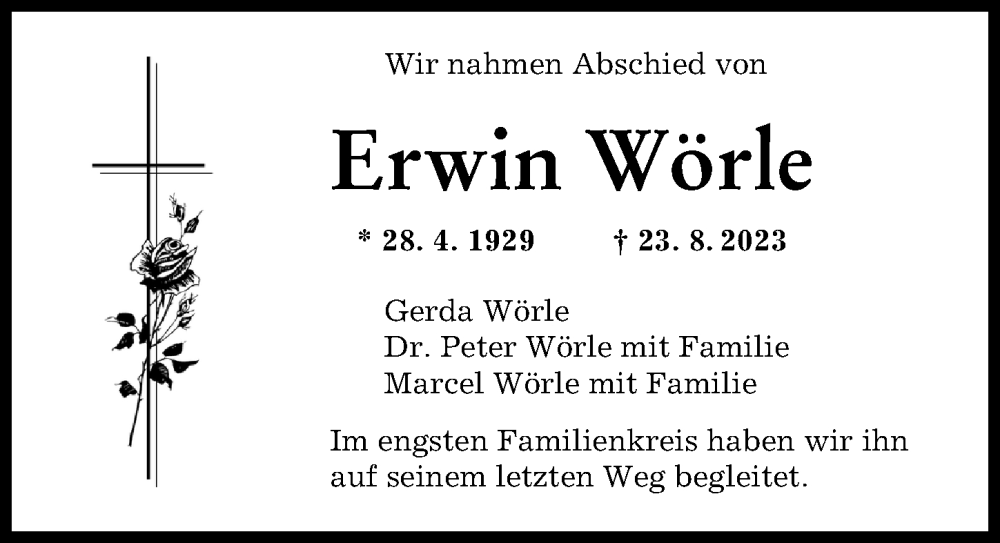  Traueranzeige für Erwin Wörle vom 30.09.2023 aus Augsburger Allgemeine