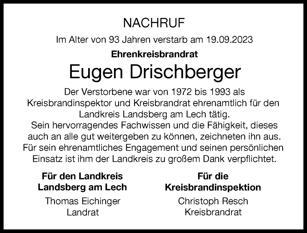  Traueranzeige für Eugen Drischberger vom 27.09.2023 aus Landsberger Tagblatt