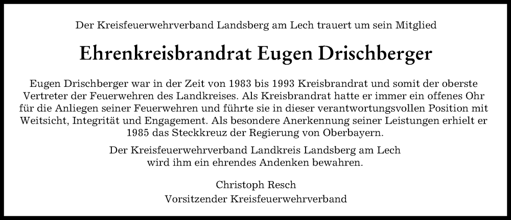  Traueranzeige für Eugen Drischberger vom 27.09.2023 aus Landsberger Tagblatt