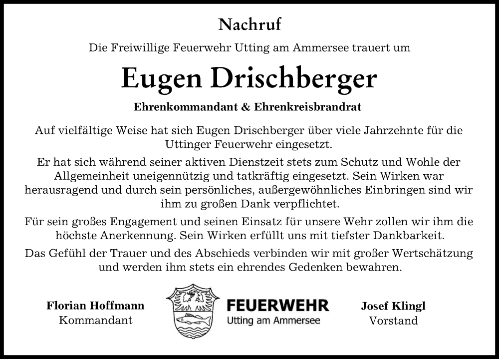  Traueranzeige für Eugen Drischberger vom 26.09.2023 aus Landsberger Tagblatt