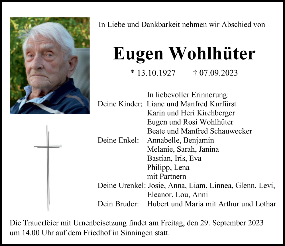  Traueranzeige für Eugen Wohlhüter vom 23.09.2023 aus Illertisser Zeitung