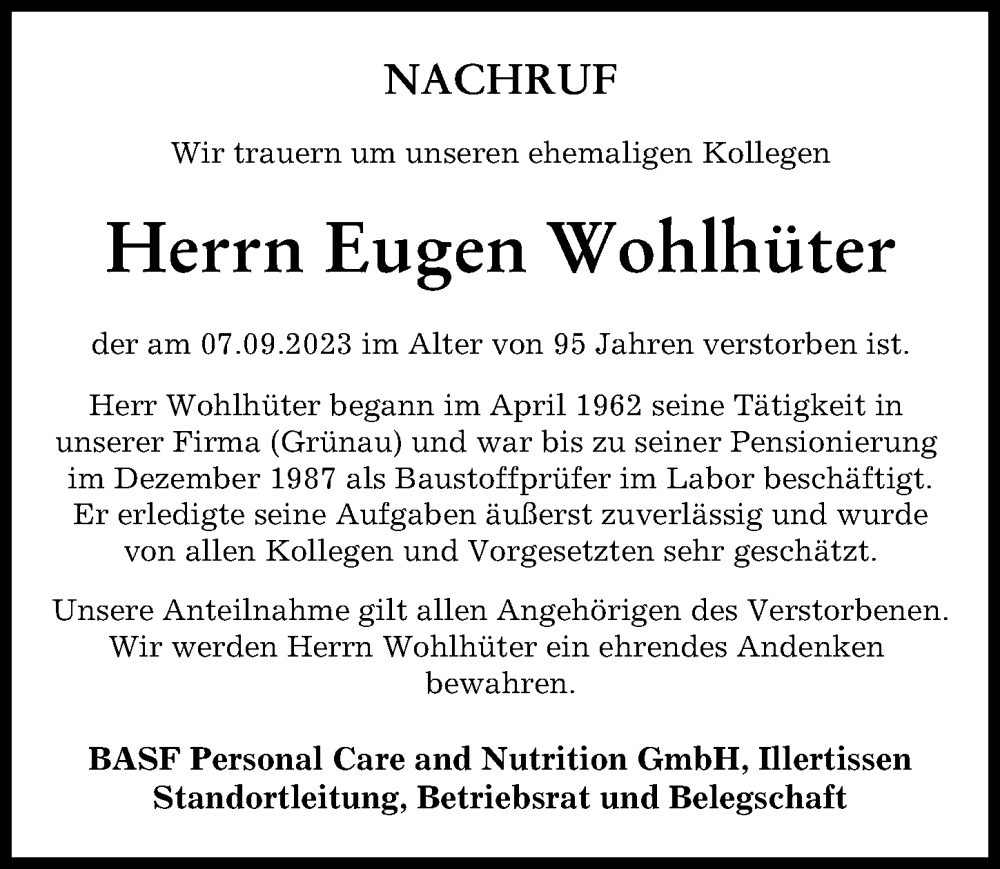  Traueranzeige für Eugen Wohlhüter vom 26.09.2023 aus Illertisser Zeitung