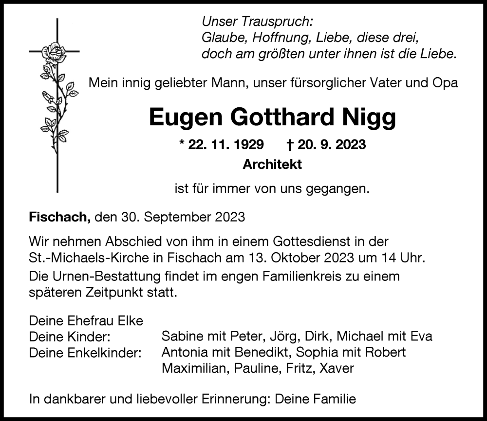  Traueranzeige für Eugen Gotthard Nigg vom 30.09.2023 aus Augsburger Allgemeine