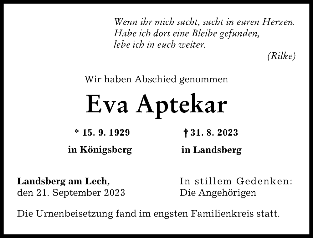 Traueranzeige von Eva Aptekar von Landsberger Tagblatt