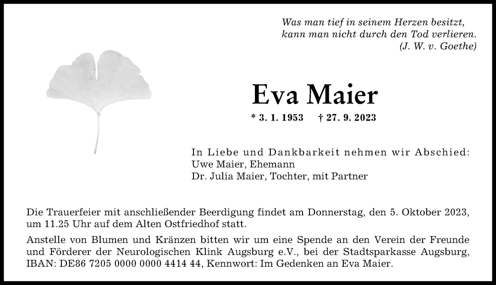  Traueranzeige für Eva Maier vom 30.09.2023 aus Augsburger Allgemeine