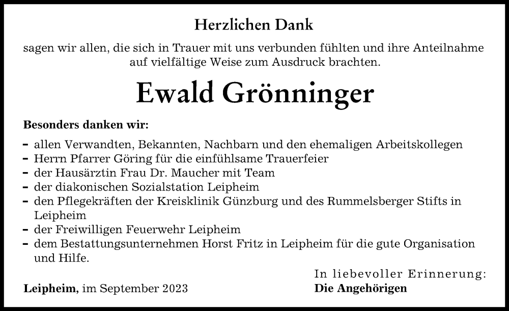 Traueranzeige von Ewald Grönninger von Günzburger Zeitung