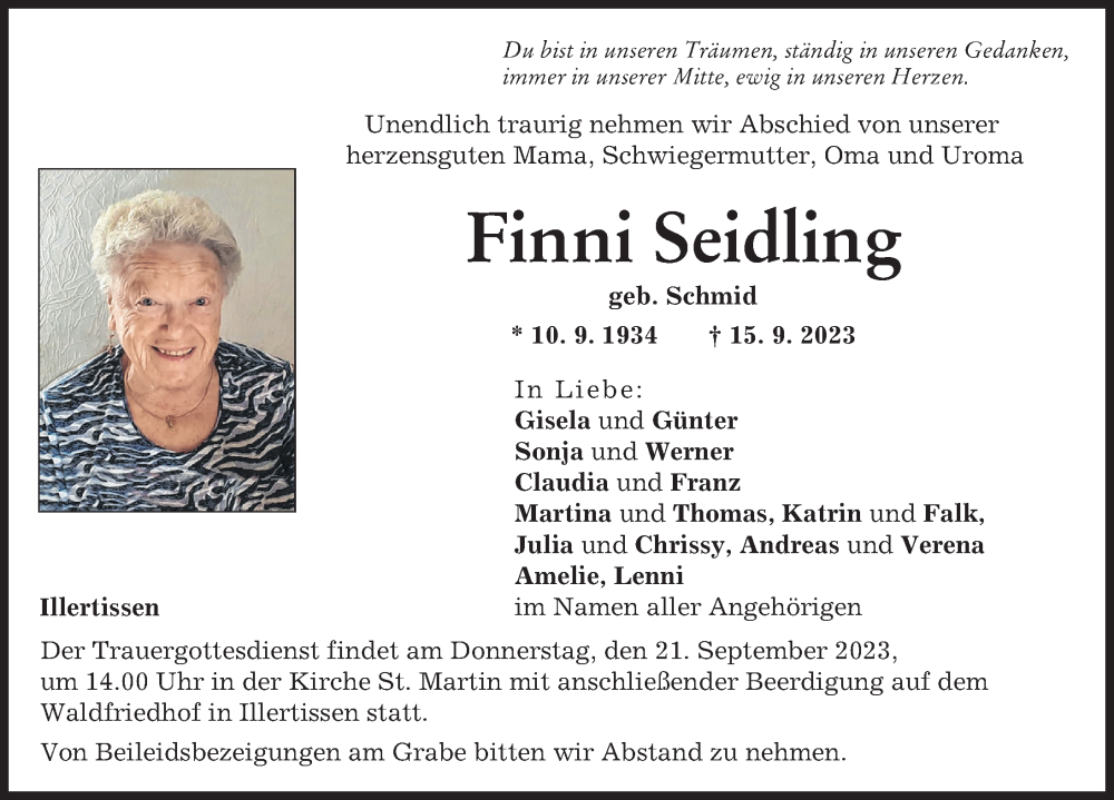  Traueranzeige für Finni Seidling vom 19.09.2023 aus Illertisser Zeitung