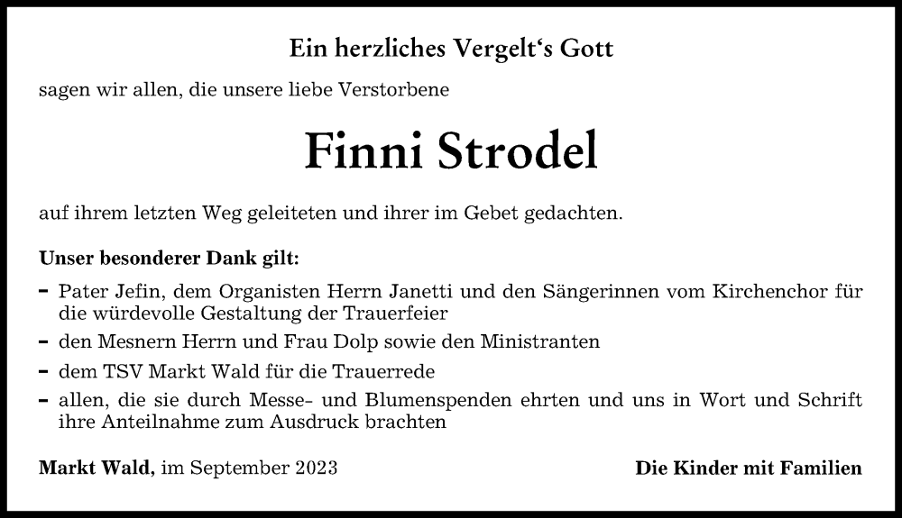 Traueranzeige von Finni Strodel von Mindelheimer Zeitung