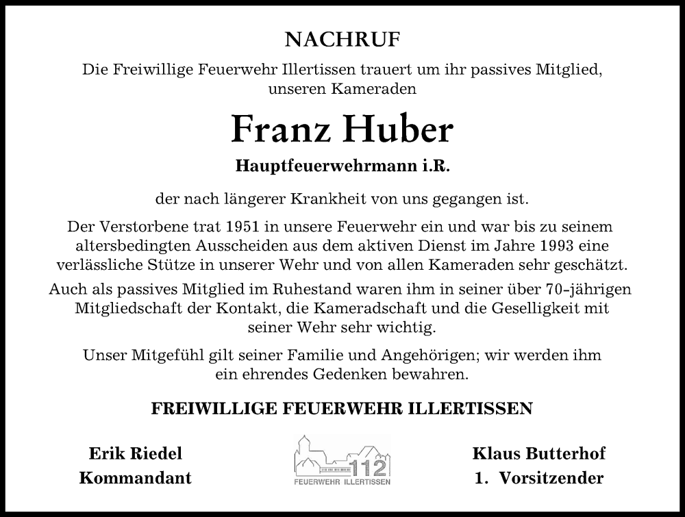 Traueranzeigen Von Franz Huber Augsburger Allgemeine Zeitung