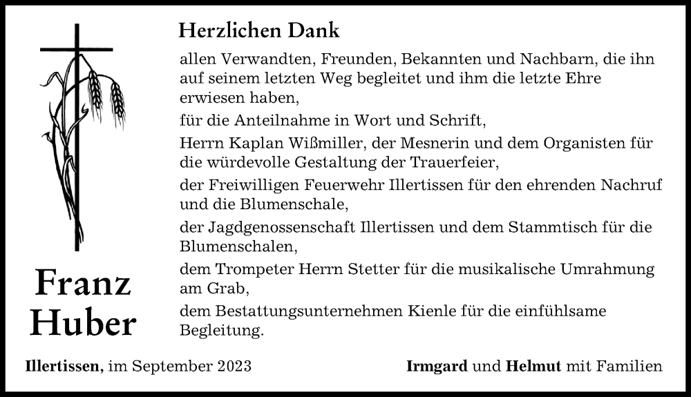  Traueranzeige für Franz Huber vom 19.09.2023 aus Illertisser Zeitung