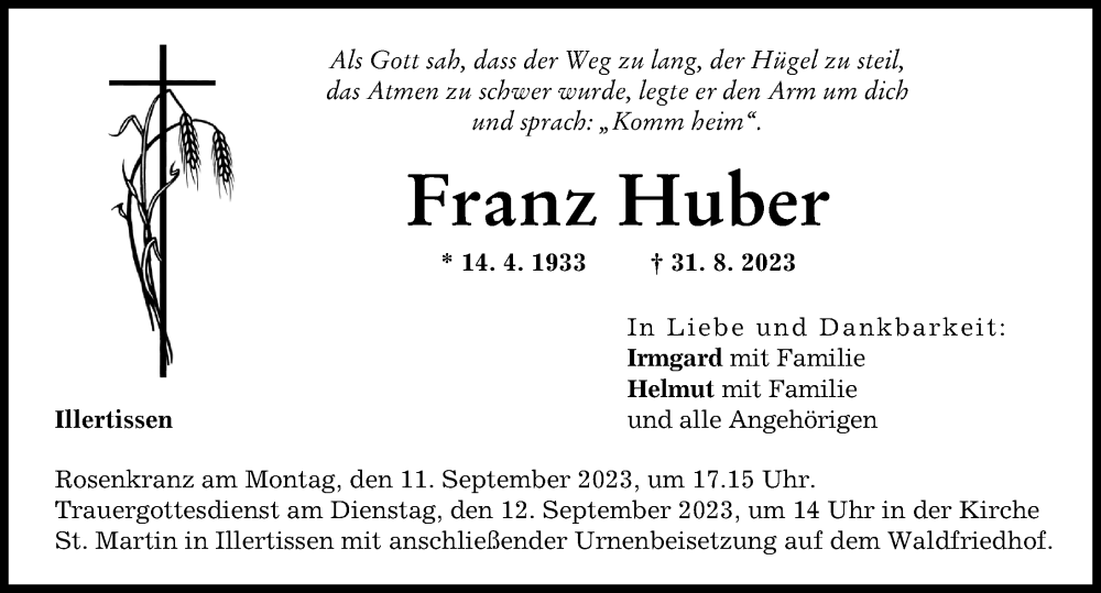  Traueranzeige für Franz Huber vom 09.09.2023 aus Illertisser Zeitung