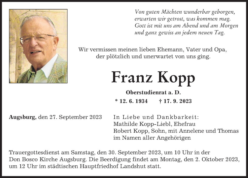  Traueranzeige für Franz Kopp vom 27.09.2023 aus Augsburger Allgemeine
