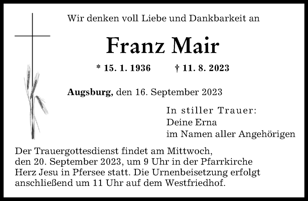 Traueranzeige von Franz Mair von Augsburger Allgemeine