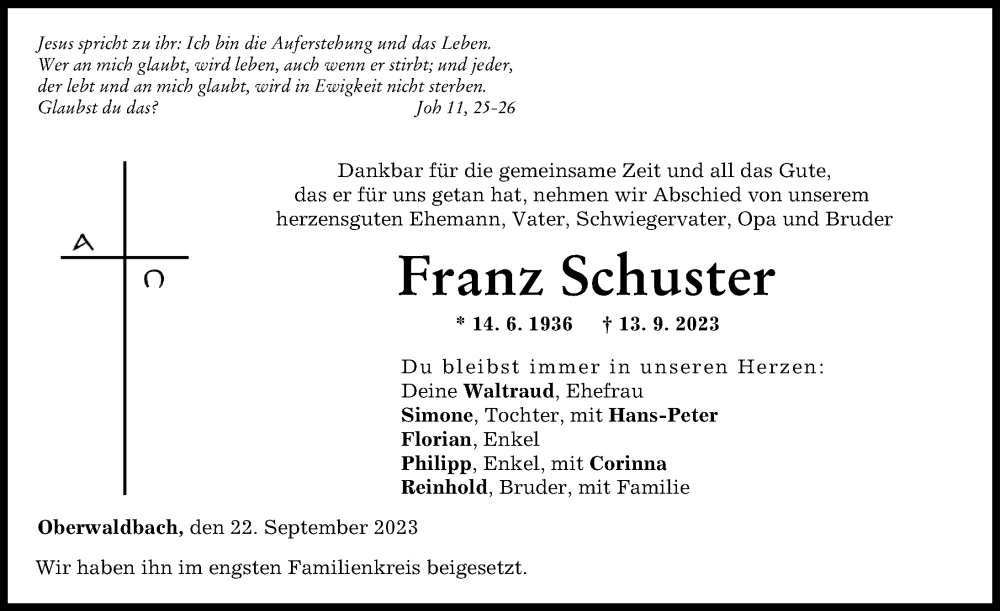  Traueranzeige für Franz Schuster vom 22.09.2023 aus Günzburger Zeitung