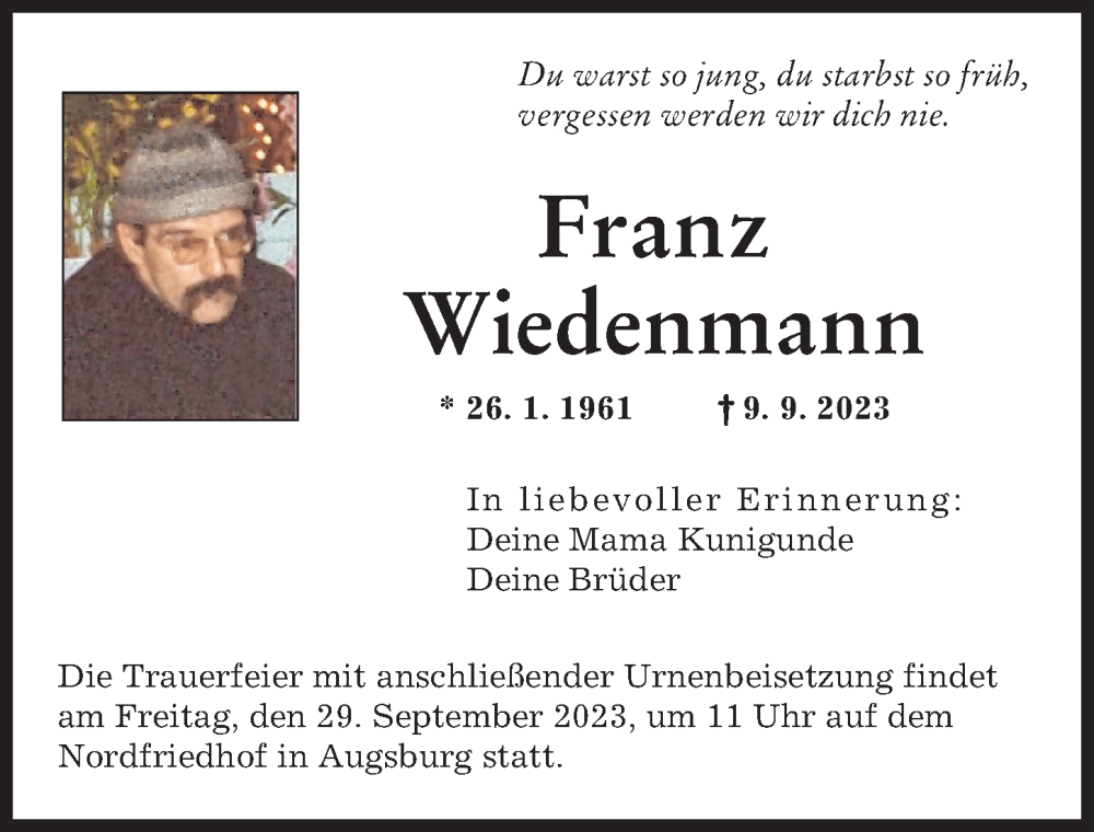  Traueranzeige für Franz Wiedenmann vom 23.09.2023 aus Augsburger Allgemeine