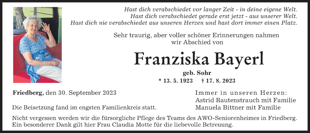 Traueranzeige für Franziska Bayerl vom 30.09.2023 aus Friedberger Allgemeine, Augsburger Allgemeine