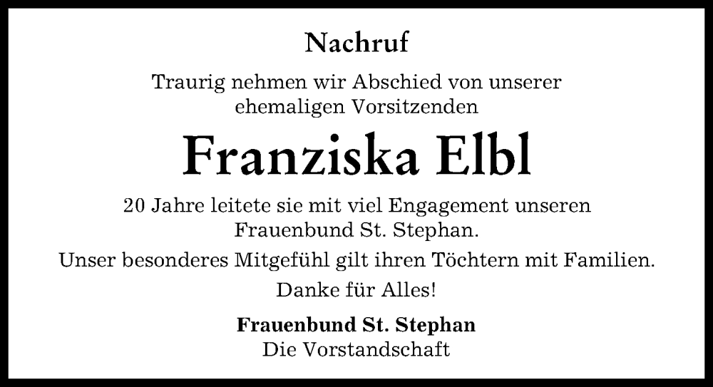 Traueranzeige von Franziska Elbl von Friedberger Allgemeine