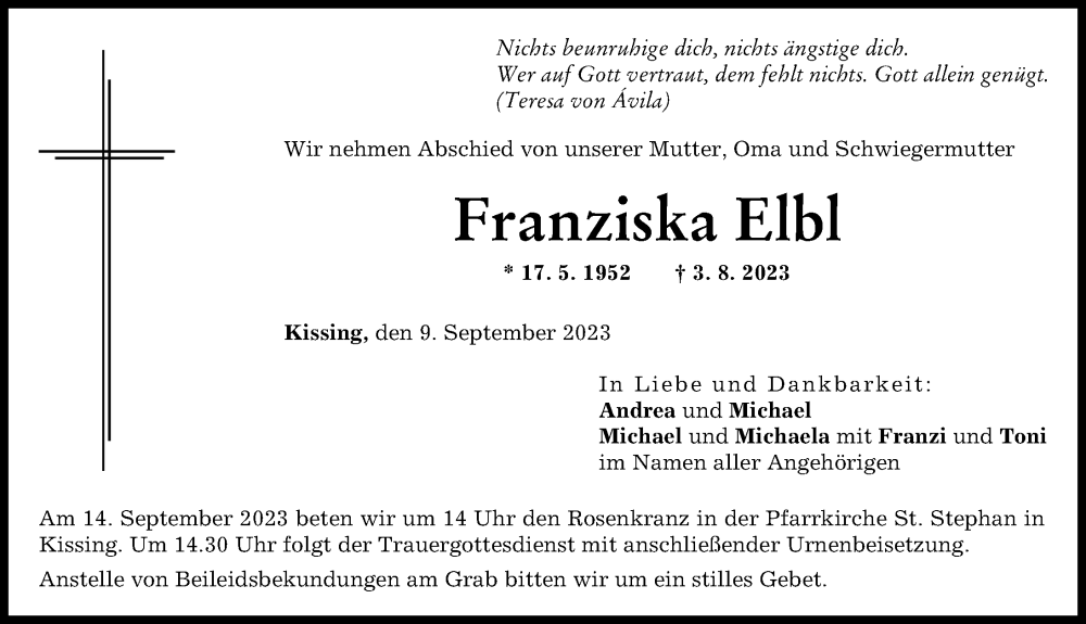  Traueranzeige für Franziska Elbl vom 09.09.2023 aus Friedberger Allgemeine