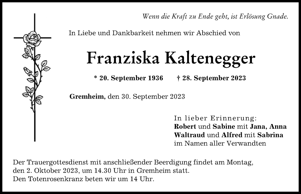  Traueranzeige für Franziska Kaltenegger vom 30.09.2023 aus Donau Zeitung