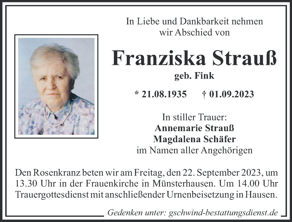 Traueranzeige von Franziska Strauß von Mittelschwäbische Nachrichten