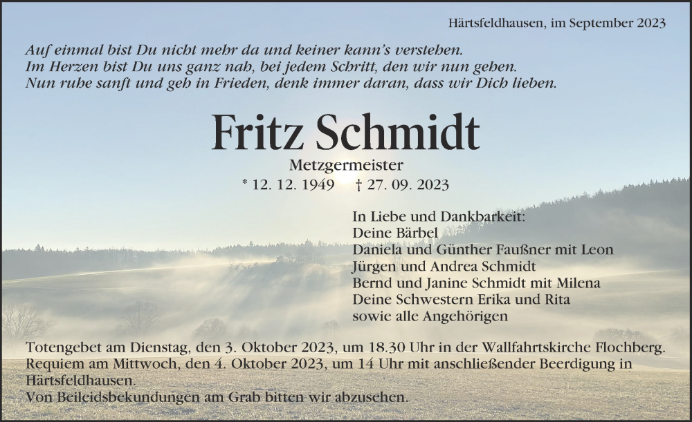  Traueranzeige für Fritz Schmidt vom 30.09.2023 aus Rieser Nachrichten