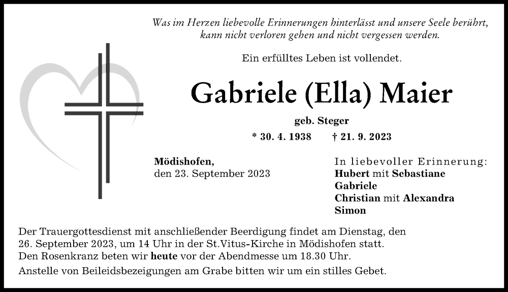  Traueranzeige für Gabriele  Maier vom 23.09.2023 aus Augsburg-Land